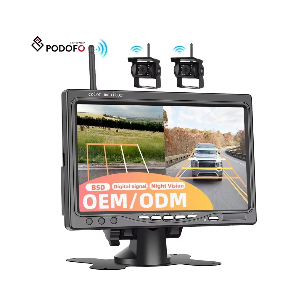 Podofo Digital Signal 7'' Wireless Backup Camera Monitor IP68 Waterproof Night Vision BSD + 2 X Rear Camera for Trucks Bus RV