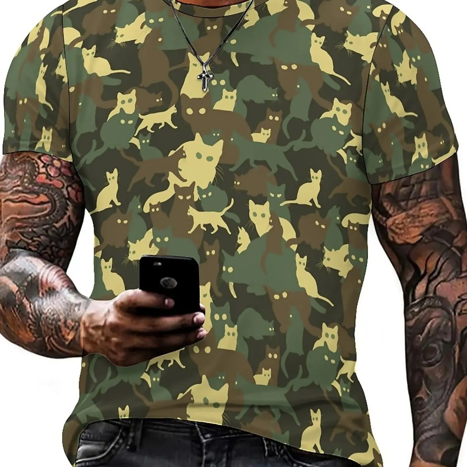 Men's Retro Y2K Camouflage T-Shirt with 3D Geometric Cat Print - Full-Body Outdoor Fitness Running Tee, Breathable