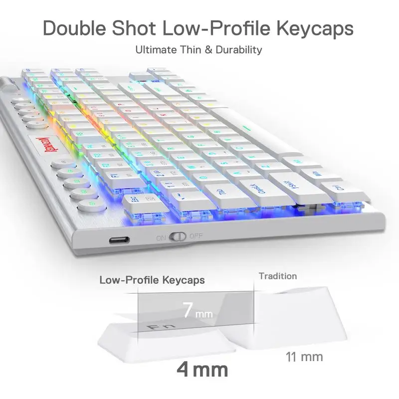 Imagem -03 - Redragon-horus Tkl Teclado Mecânico sem Fio Perfil Baixo Bluetooth Ultra-fino Interruptores Vermelhos com Fio Três Modos 80 K621