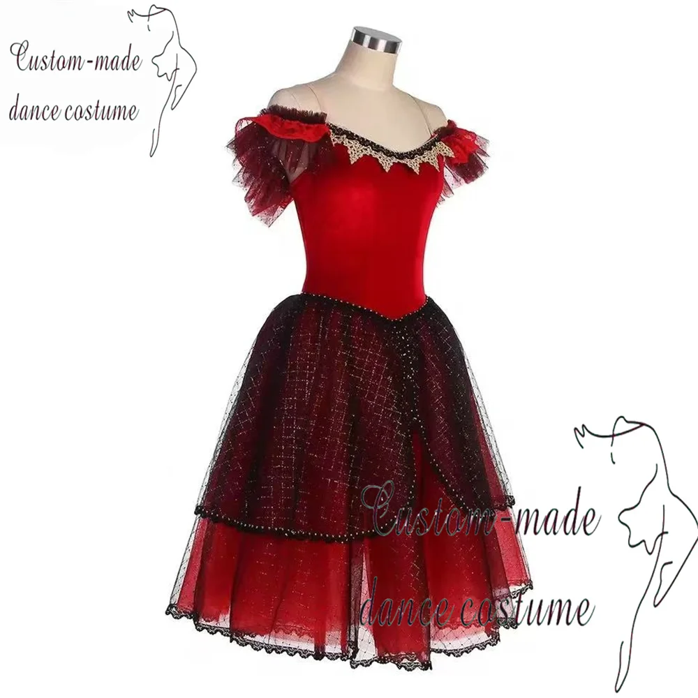 Don Quisciotte Tutu romantico rosso per adulti Abito da balletto kitri spagnolo Tutu professionale Costume da ballo spagnolo per ragazze