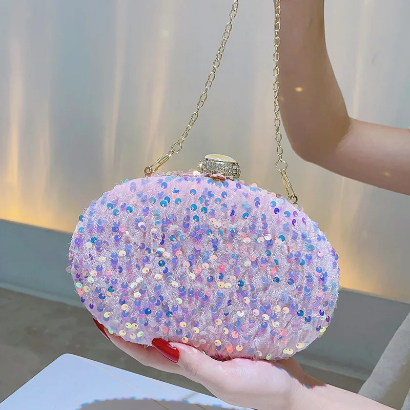 Pink Sequin Beaded Evening Clutch Bag for Women, Elegant Handheld Purse for Wedding Party Prom, Shiny Embroidered Formal Handbag