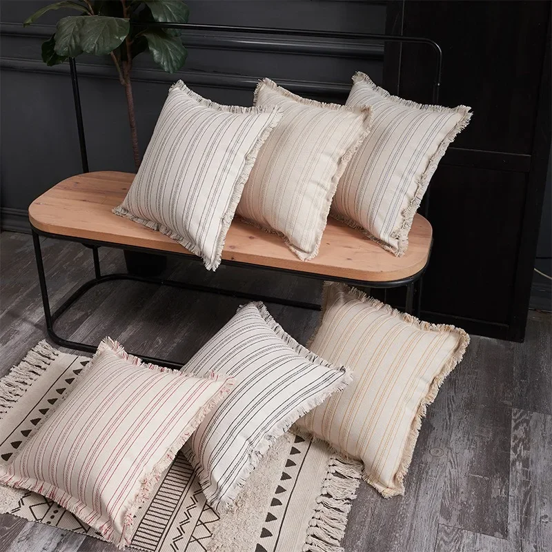 Cotton Striped Cushion Cover Yarn Dyed Jacquard Whisker Edge No Core Pillow Cover Soft Thick Home Decoration Office Pillowcase
