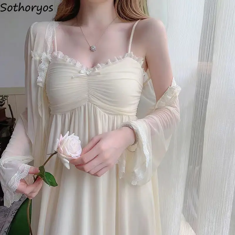 

Robe Gown Sets Women Sweet Lace Sexy Sleepwear Tender Princess Breathable French Style Girls Lounge Homewear Fashion Aesthetic