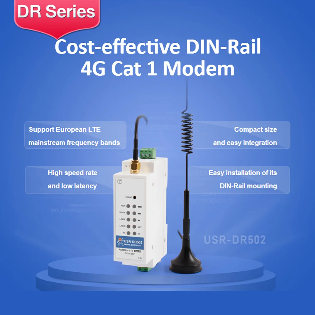 USR-DR502-E din-rail 4g lte cat 1 modem 9-36v wide range support rs485 serial port built-in 35mm noise rail seat cost-effective