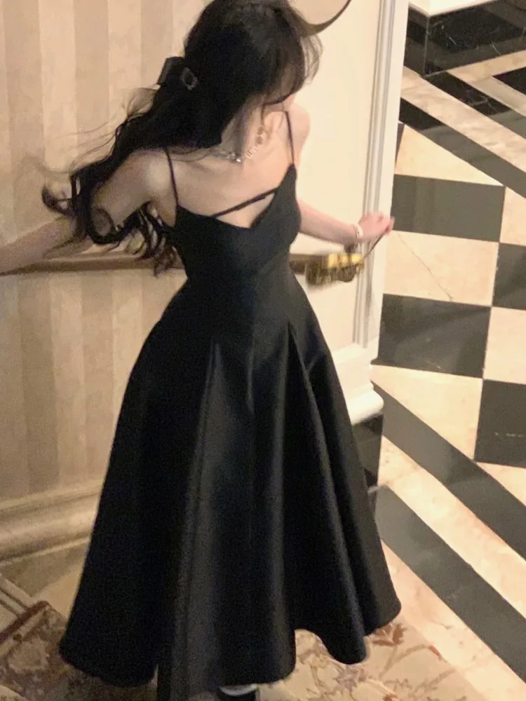 Elegant Solid Princess Evening Party Dress French Romantic Black Graduation Robe Korean Summer Spaghetti Strap Wedding Vestidos