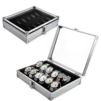 Útil caja de relojes de aluminio con 12 ranuras de rejilla, caja de almacenamiento para exhibición de relojes y joyería, caja cuadrada, soporte para reloj rectangular interior de gamuza