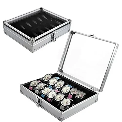 Útil caja de relojes de aluminio con 12 ranuras de rejilla, caja de almacenamiento para exhibición de relojes y joyería, caja cuadrada, soporte para reloj rectangular interior de gamuza