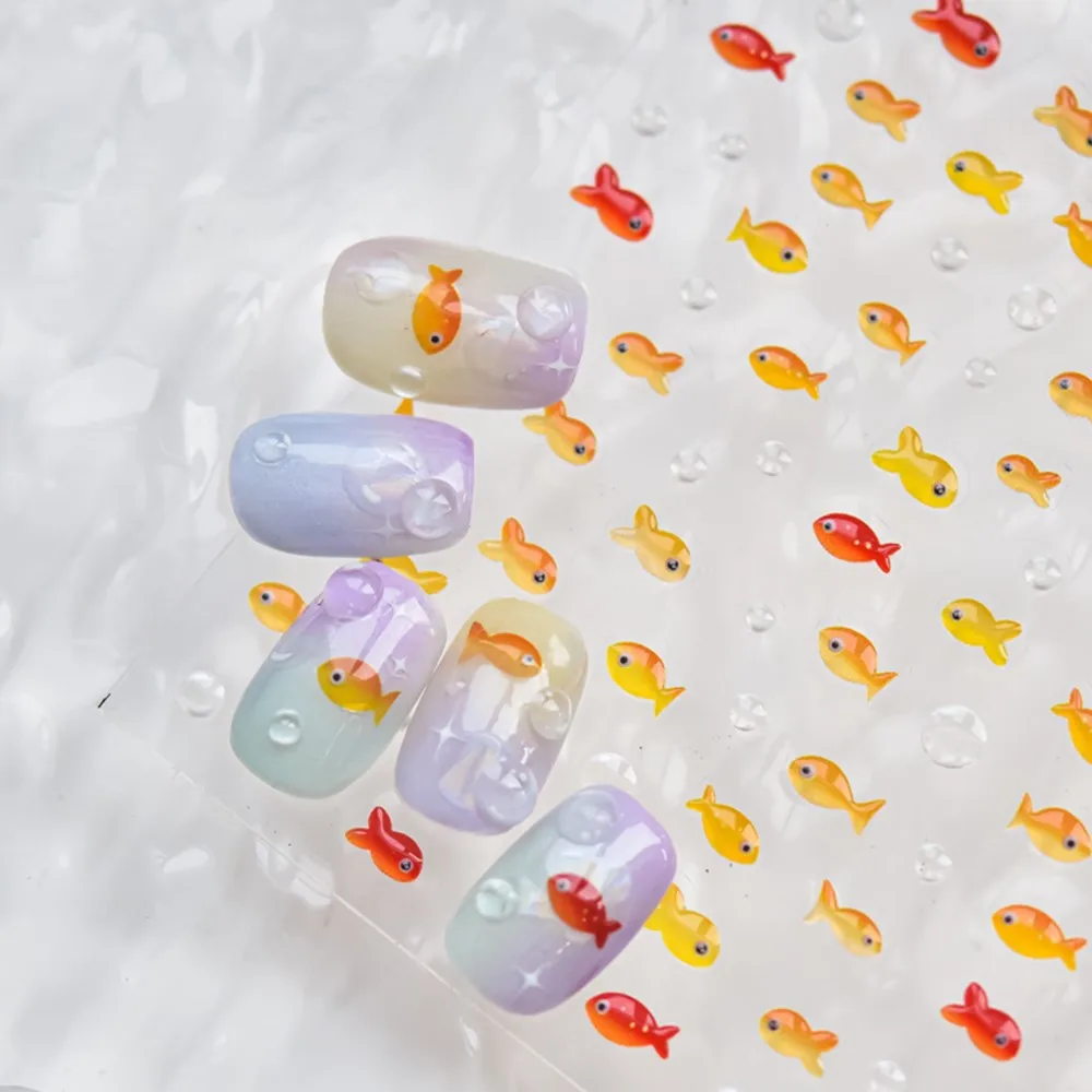 1 folha 5d em relevo geléia peixinho dourado koi etiqueta do prego decalques auto-adesivo vermelho amarelo peixe bolha arte do prego sliders manicure adesivo