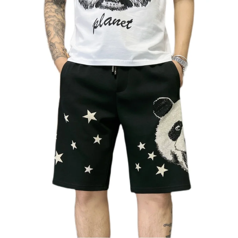 Pantalones de Panda hasta la rodilla para hombre, Pantalón recto negro de talla grande con estampado de diamantes, novedad de verano, 2023