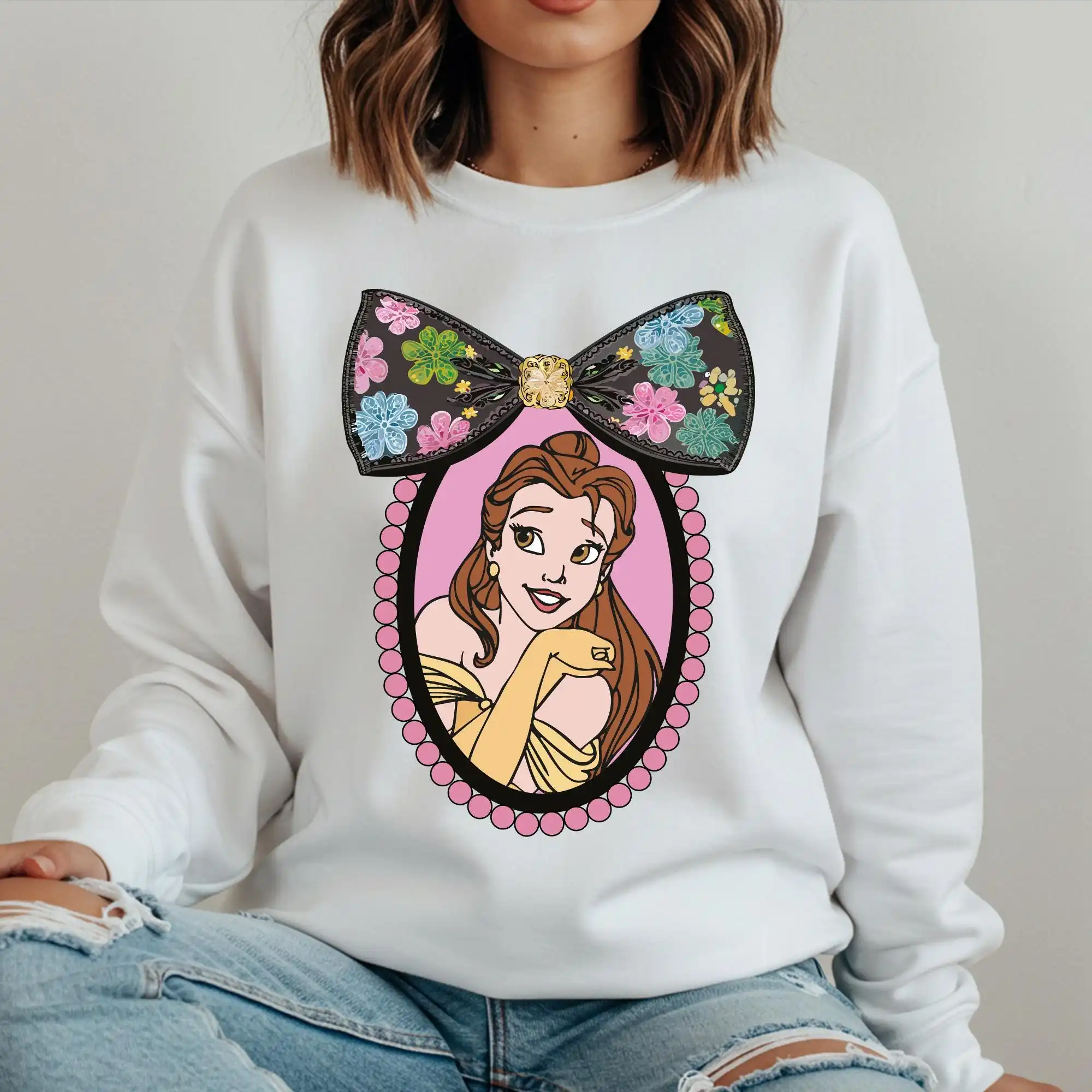 Bluza z kapturem Belle Princess, retro bluza Disney Belle, swobodna, wygodna, luźna bluza z okrągłym dekoltem, odzież uliczna