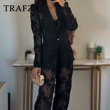 TRAFZA 2025 Frühling Frauen Sexy Floral Aushöhlen Transluzenten Anzug Taste Perlen Blazer + Zipper Lange Hosen Schlanke Frauen mode-Sets