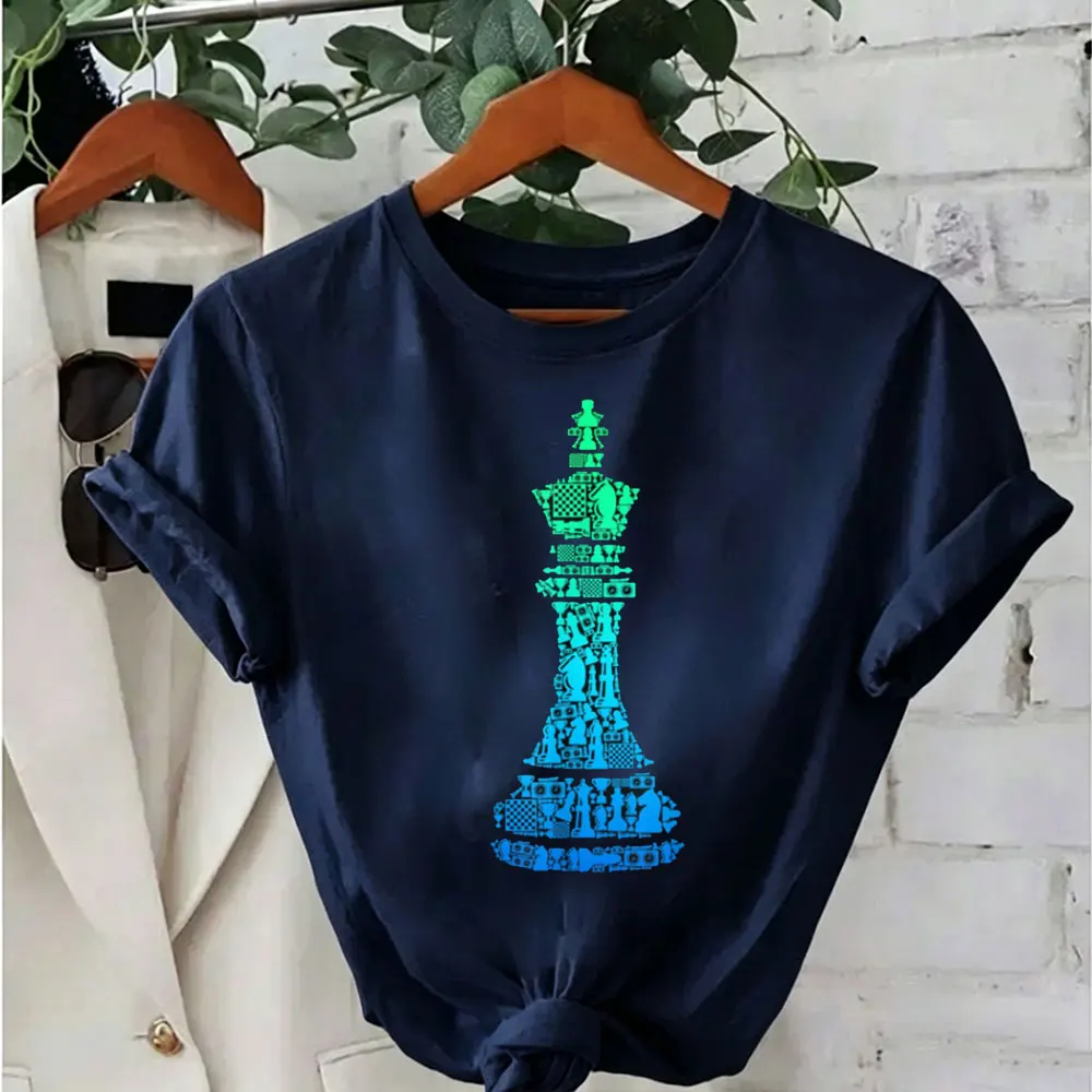 Camiseta masculina e infantil Chess King, camiseta de algodão de alta qualidade com estampa gráfica, gola redonda, manga curta, roupas femininas