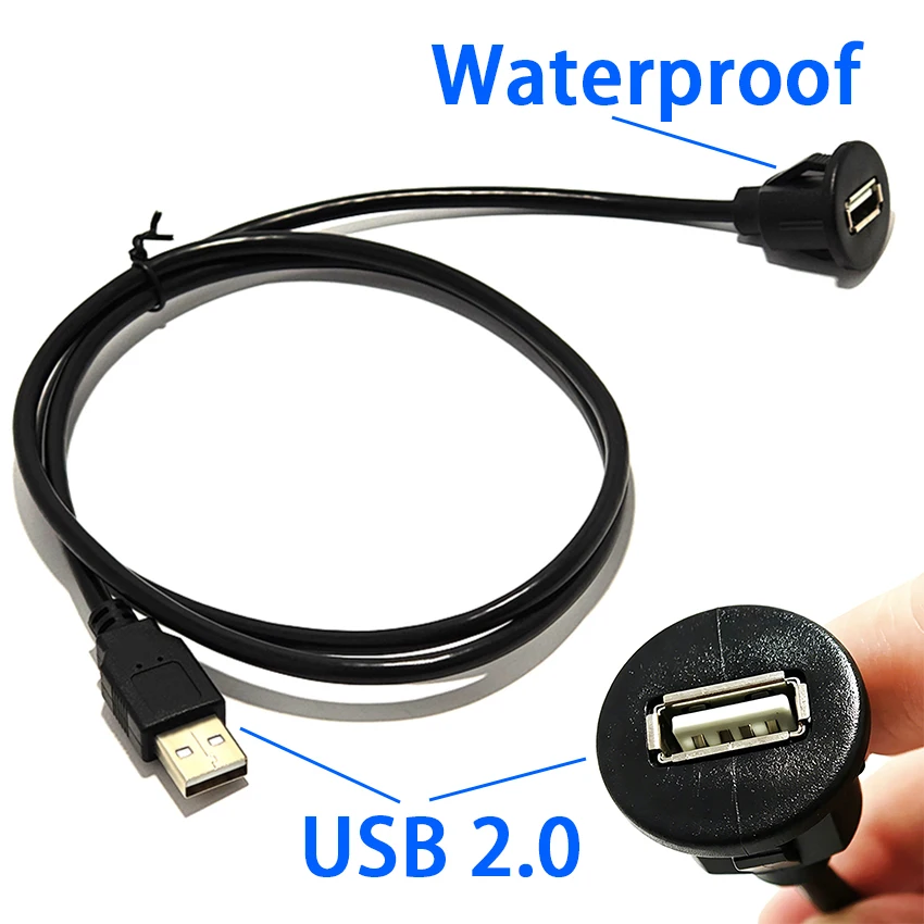 For Car Dashboard Panel Mount Extension Cable USB2.0 Male to Female Socket Panel Single Port Waterproof Line Adapter