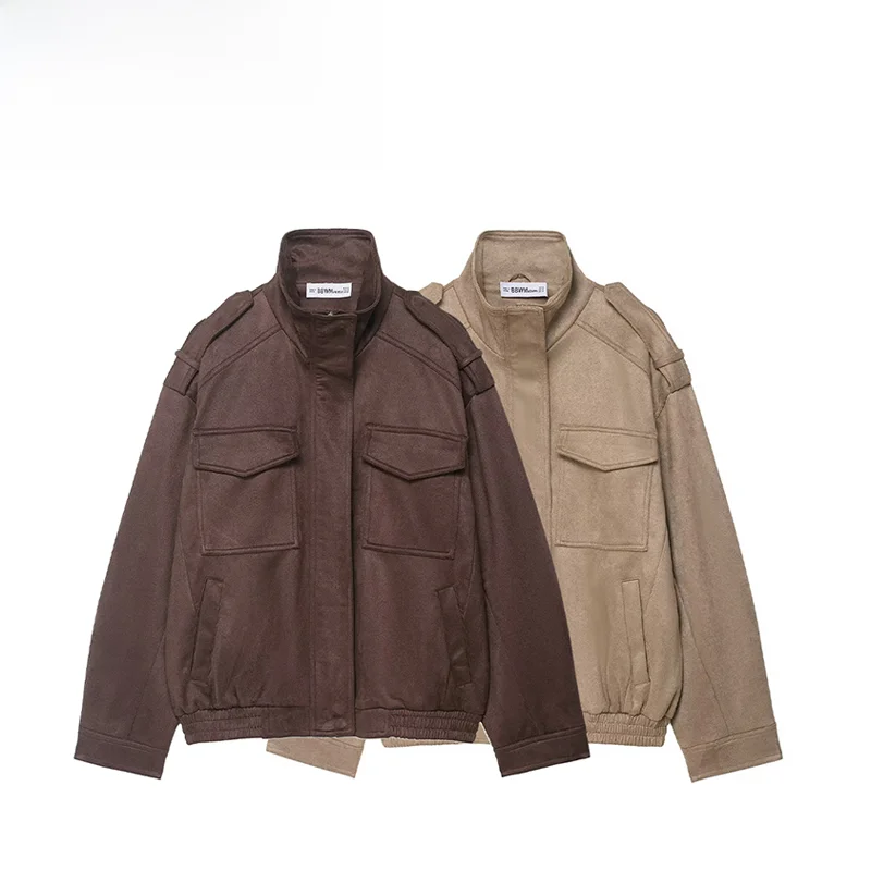 

Faionable Suede Texture Outerwear for Women Commute Sle Stand Fit Polyester Fabric Long Sve Zipper Closure Coat