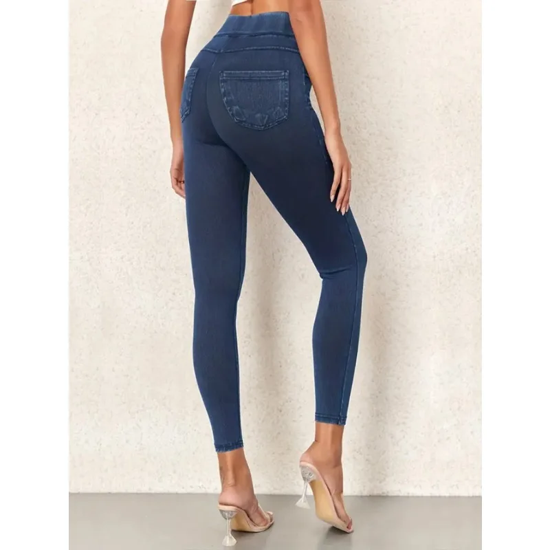 Women\'s Faux Denim Yoga Leggings Fitness Stretch Leggings High Waisted Fashionable Skinny Tights Gym Workout Running Pants