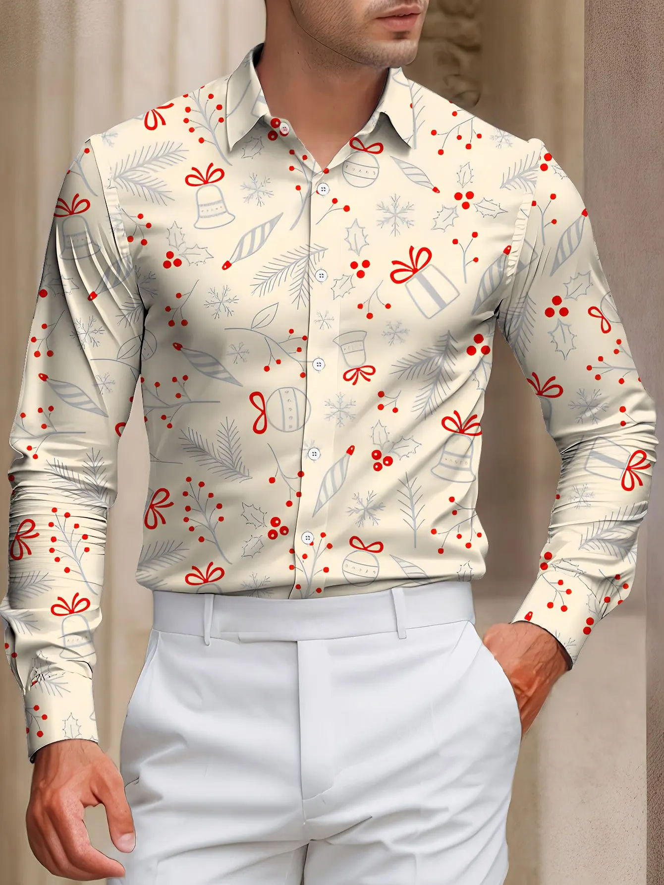 

​ Мужская праздничная элегантная бежевая рождественская рубашка, красно-белая, с принтом, устойчивая к морщинам, нарядная, 2025 г.