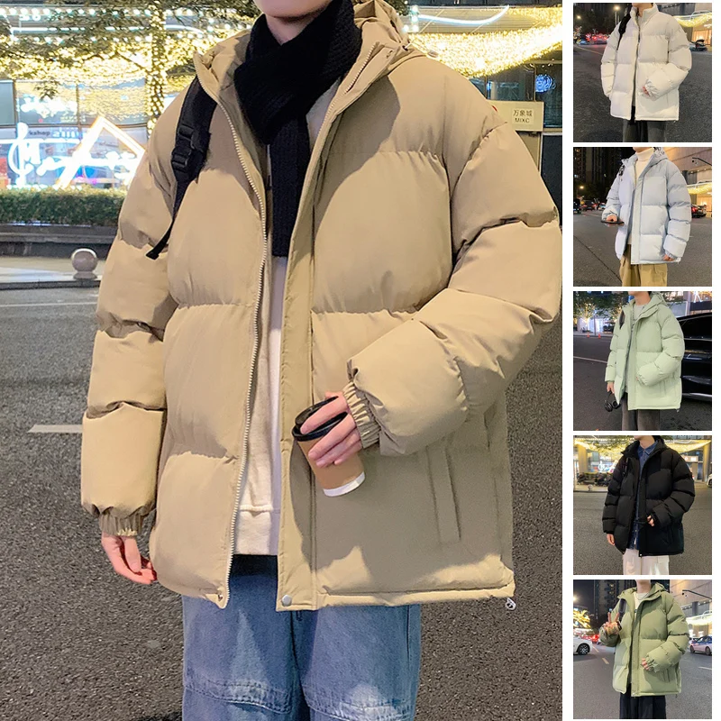 Męski płaszcz zimowy z kapturem z bawełny Thiened, ciepły, jednolity kolor, dla par, jesień-zima, nowość, casualowy styl streetwear