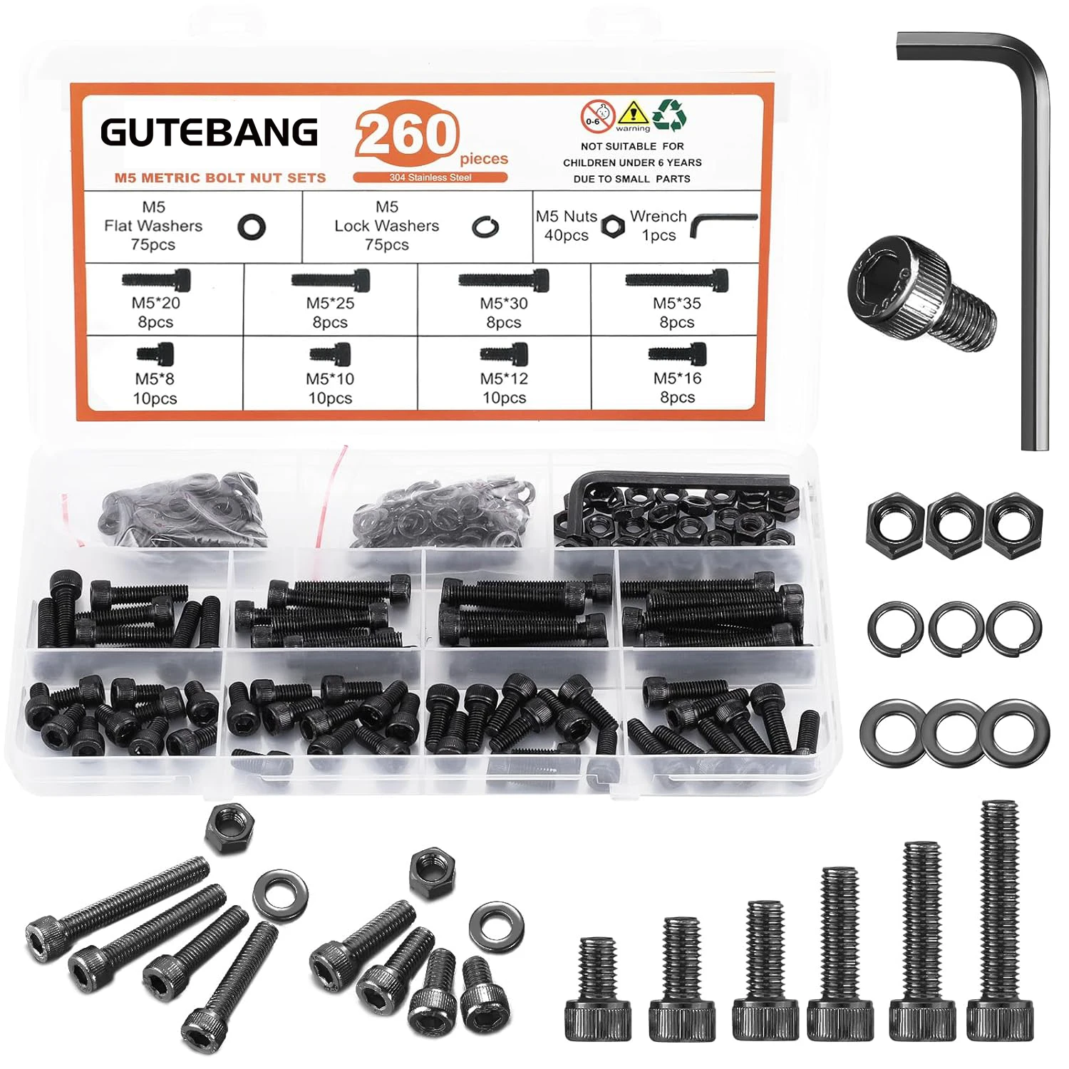 

260 sets of M5 screw combination kits, M5x 8/10/12/16/20/25/30/35 millimeters, 12.9 alloy steel