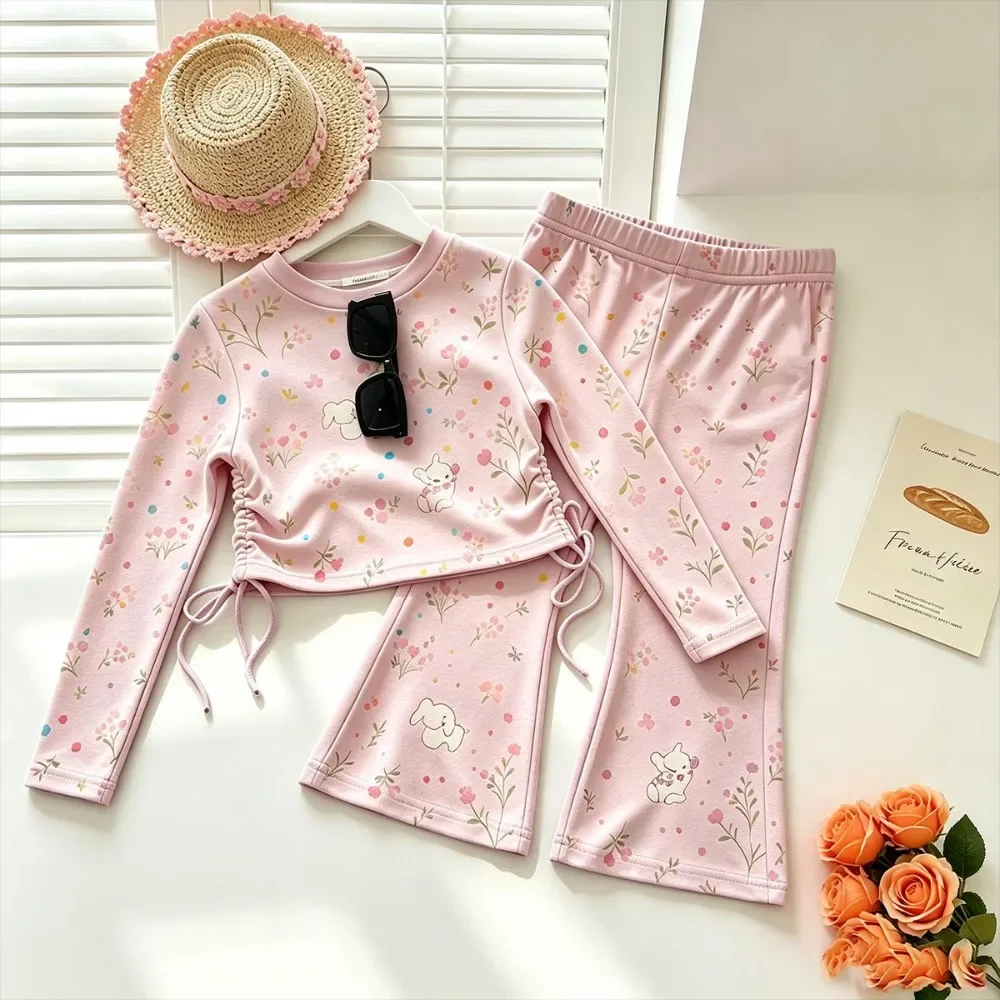 2-7 Years Old Cute Toddler Girl Clothes Spring and Autumn Children's Two Piece Set Long Sleeve Floral Print Top+Micro Pull Pants