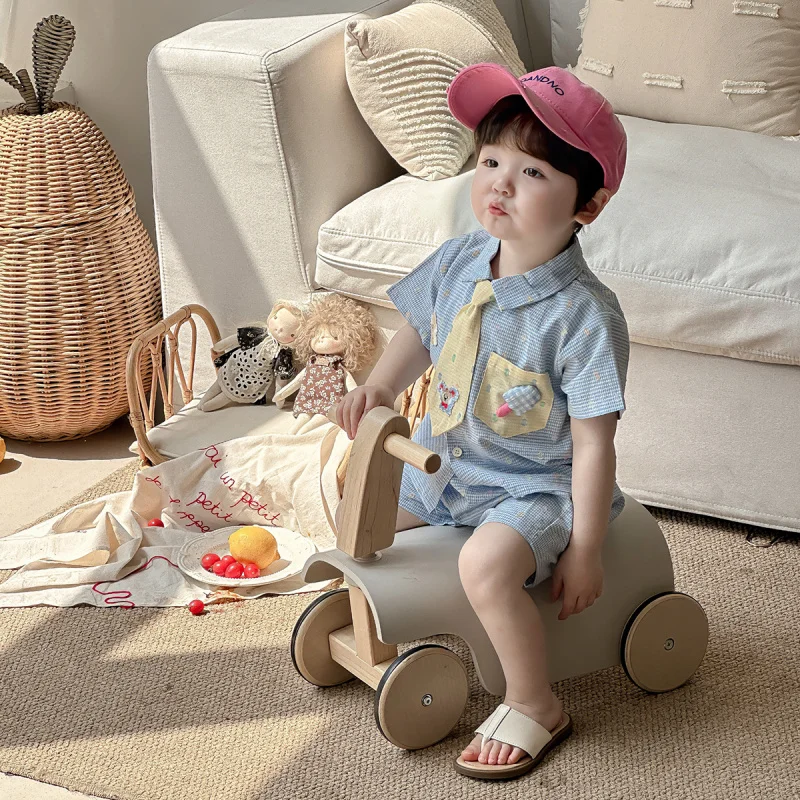 Boys' Summer Outfit Children's Cartoon Tie Shirt Three-Piece Set Separate Baby Clothes for One-Year-Old Boys Summer Wear