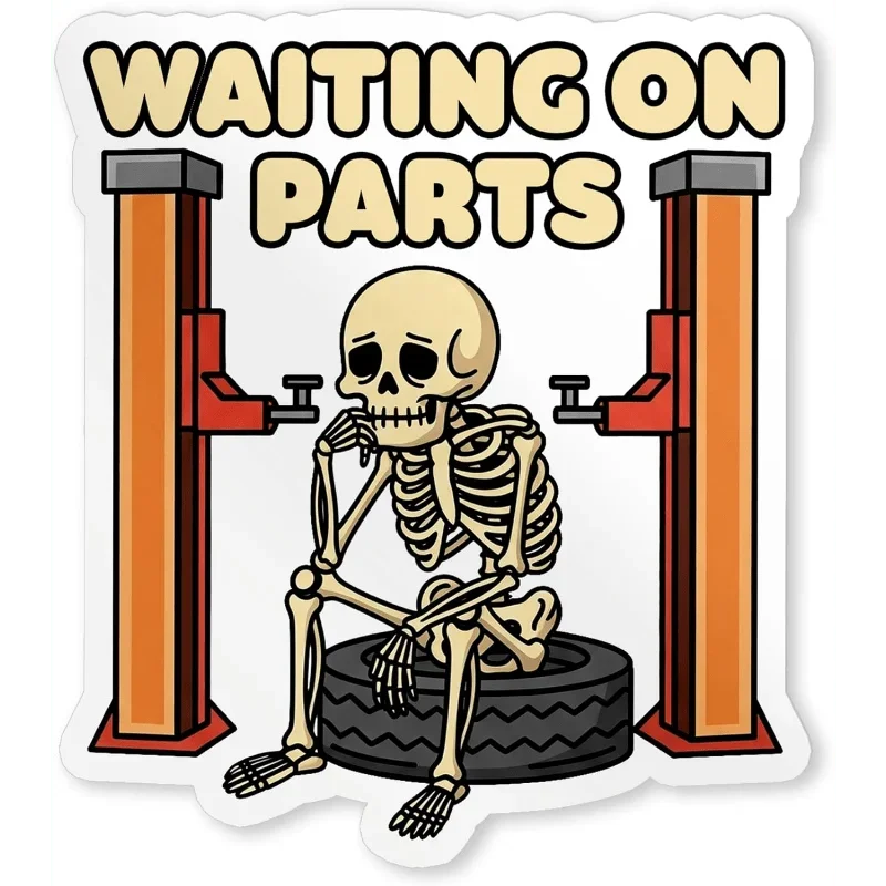 

1 шт. Забавная наклейка с черепом «В ожидании запчастей», милый дизайн для механиков, смелый текст, мультяшная виниловая наклейка для автомобиля, мотоцикла, ноутбука