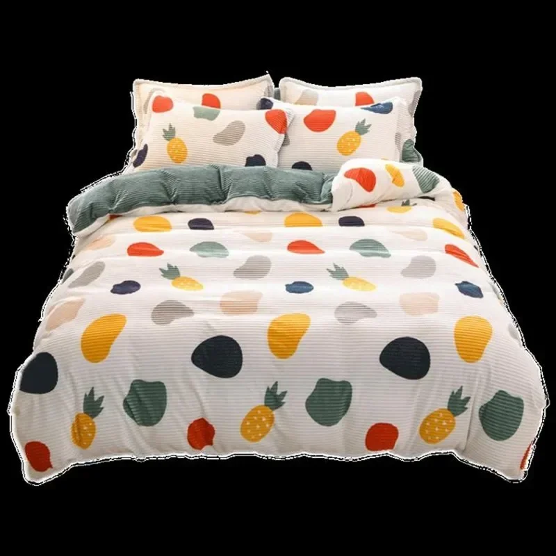 Hot AB Side Velvet Pure Color Pineapple Print Bedding Sets Winter Warm Fleece Flat Sheet Duvet Cover Sheet King Size 3/4/pcs