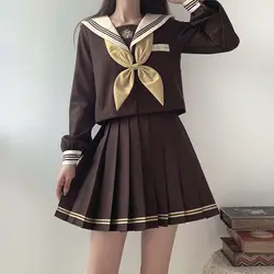 Japan Pleated Skirt Jk Uniform Three-Lines Brown Sailor Suit Japanese Schoolgirl Outfits Graduation clothing  Women Anime