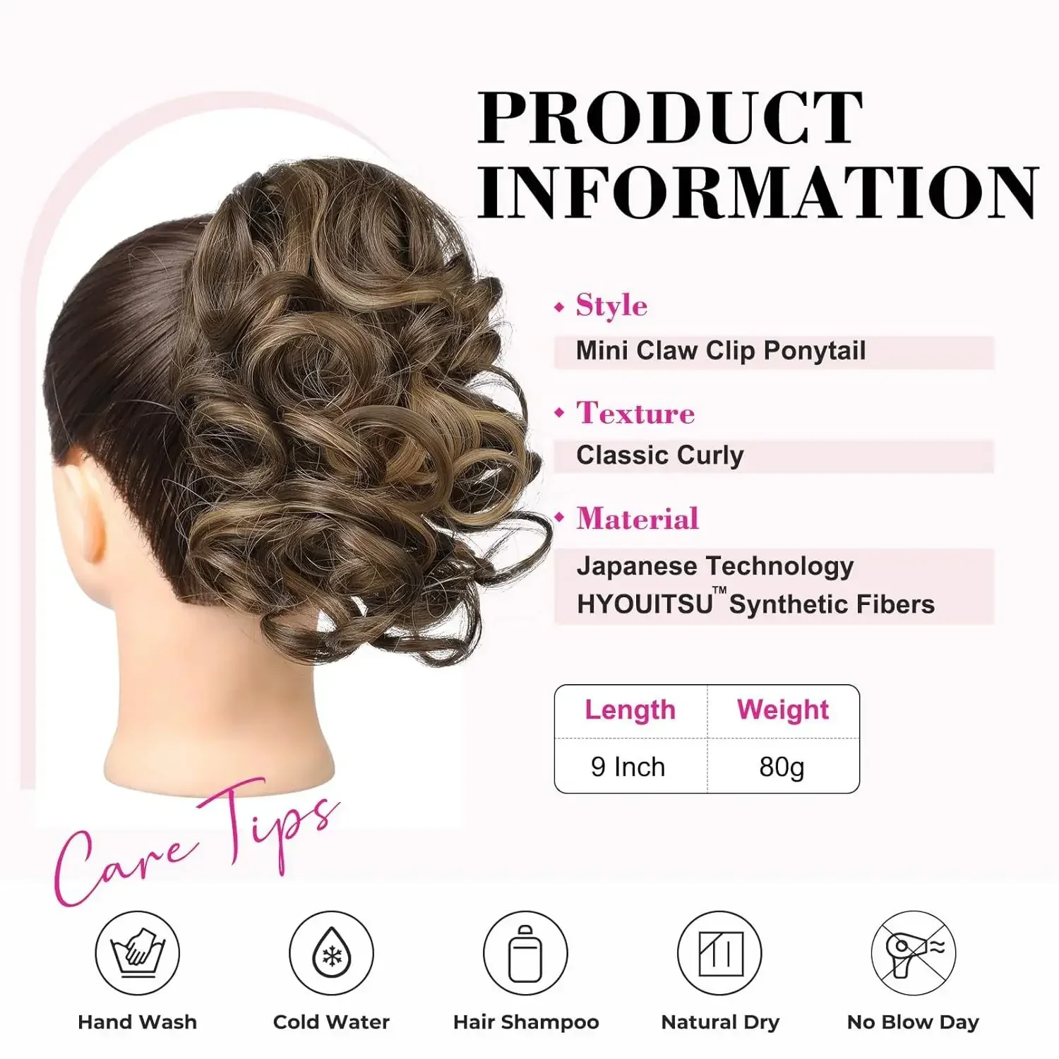 Clássico encaracolado Pony Tails extensão do cabelo com destaques para as mulheres, cabelo curto fofo, hairpieces sintéticos, clipe para o chin, ondulado, marrom, 9"