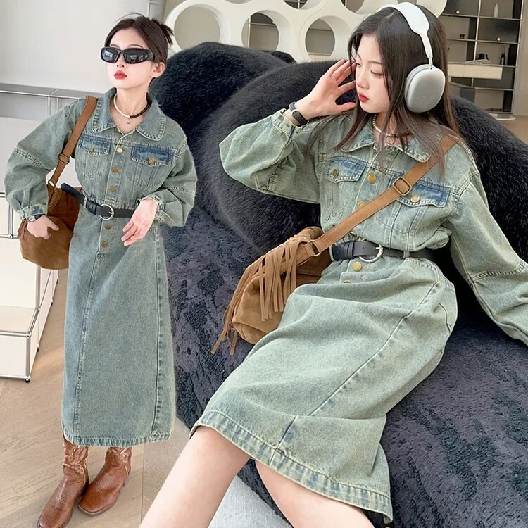 Girls' dress, big children's denim dress, trendy 2024 spring and autumn waist collection denim dress trendy