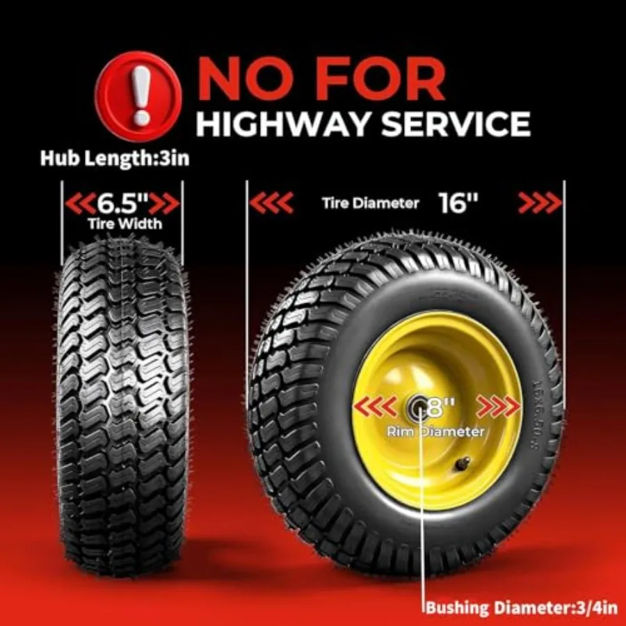2 Pack Lawn Mower Tire and Wheel, 4 Ply 16x6.5x8 Lawn Mower Tire and Rim, 3
