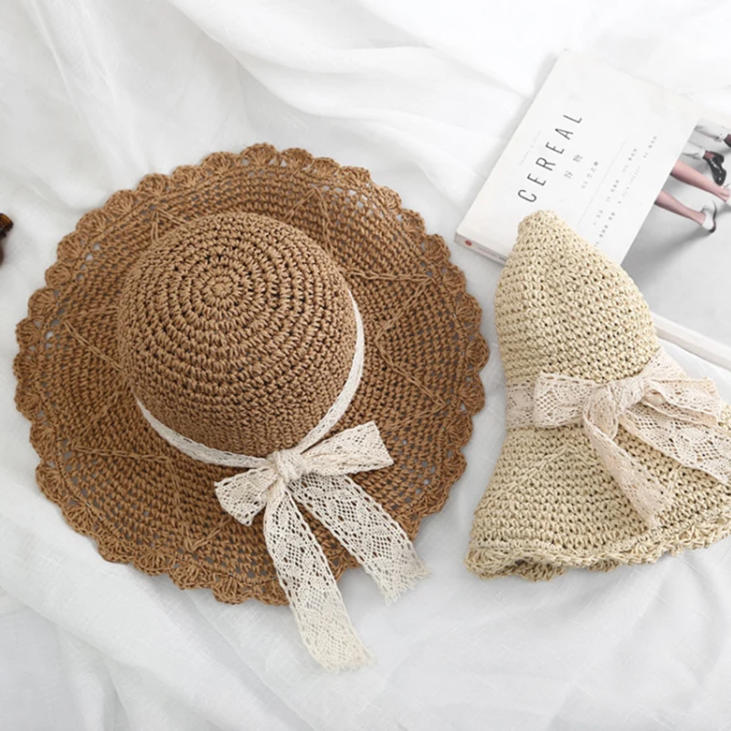 2023 New Women's Summer Bucket Folding Lace Bow Crochet Straw Hat Panamas UV Protection Big Brim Sun Visor Seaside Beach Hat