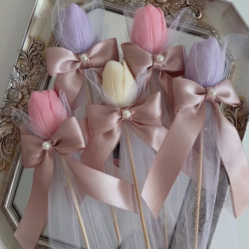 5pcs Tulip Scented Candle on Bamboo Stick, Mesh Bow Pearl Soy Wax Candle for Wedding Favor, Mother's Day & Bouquet DIY Gift