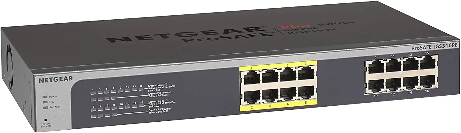 Netgear JGS516PE ProSafe Plus Ethernet Switch 16 Ports 8xPOE 8xRJ-45 10/100/1000Base-T Desktop