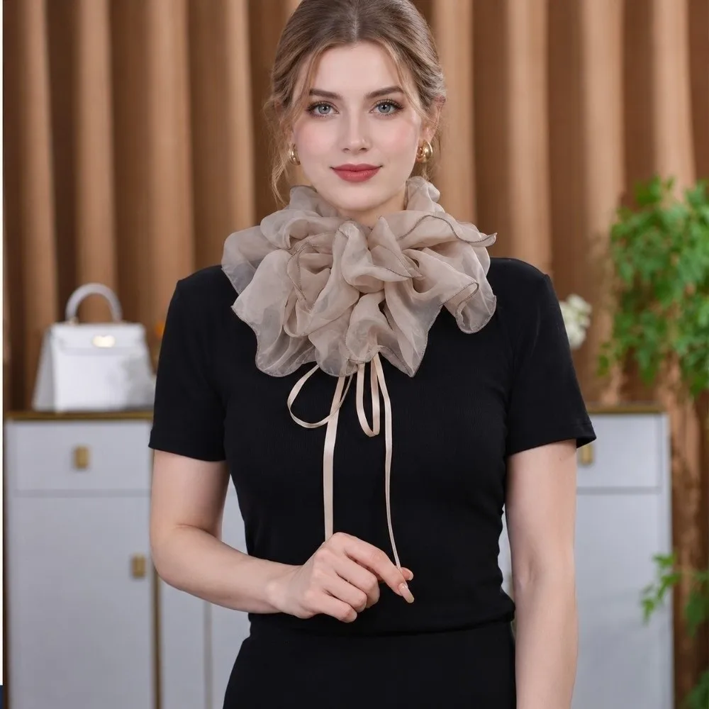 Layered Ruffled False Collar Exquisite Elegant Neck Ruff Faux Collar Tulle Three-Dimensional Flower Shape Detachable Collar