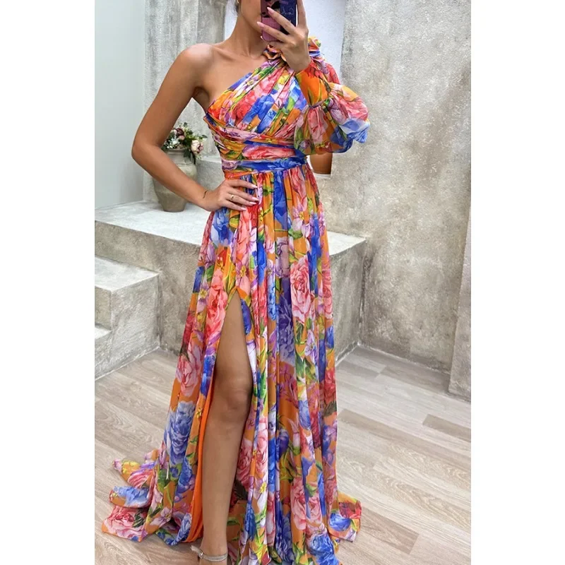 Vestido informal con abertura y estampado atado en la cintura de manga larga de otoño para mujer con cuello inclinado y hombros descubiertos vestido de moda para fiesta navideña