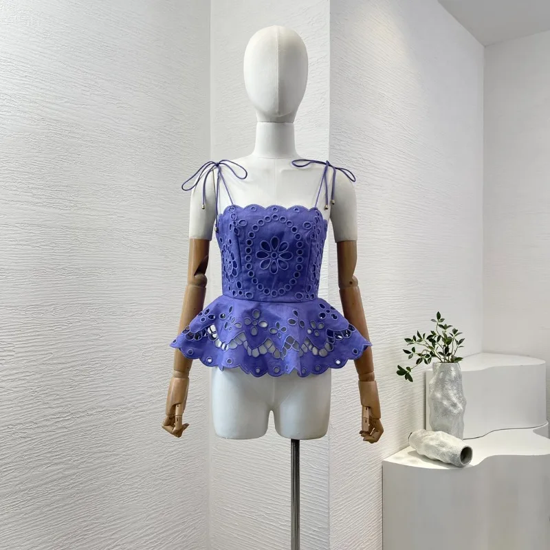 Violet Purple Sleeveless Embroidery  Floral Hollow Out Shell Lace Blouse Tops and Shorts Set 2025 High Quality