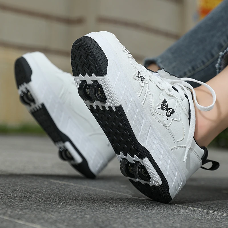 Crazy shoes girls' shoes children’s four-wheel automatic detachable roller skates girls' lace-up sneakers with wheels