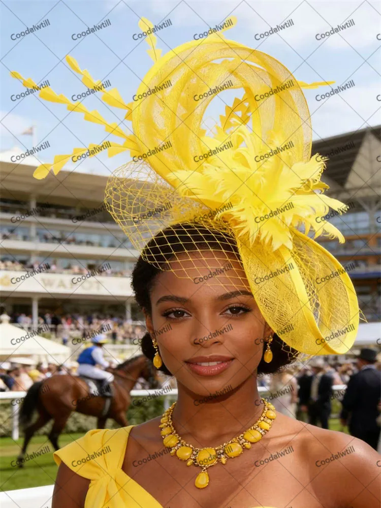 Yellow Mesh Beils Fascinator Hat Women Veils Briece Derby Wedding Headwear For Ladies Femme Royal Ascot Hair Fascinator Clips