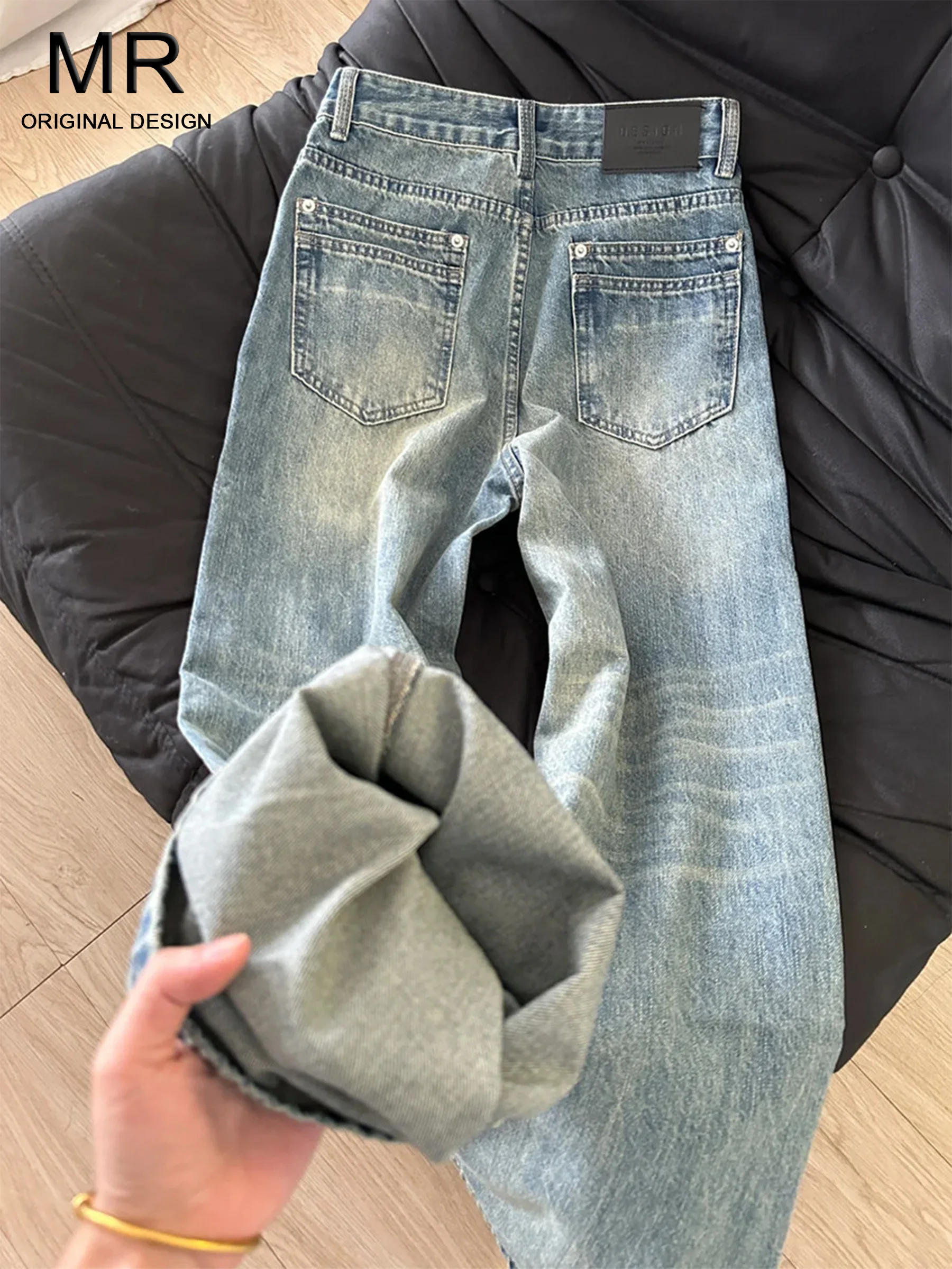 

Синие джинсы в американском стиле с высокой талией и широкими штанинами, женские свободные брюки в пол, повседневные зимние утягивающие брюки