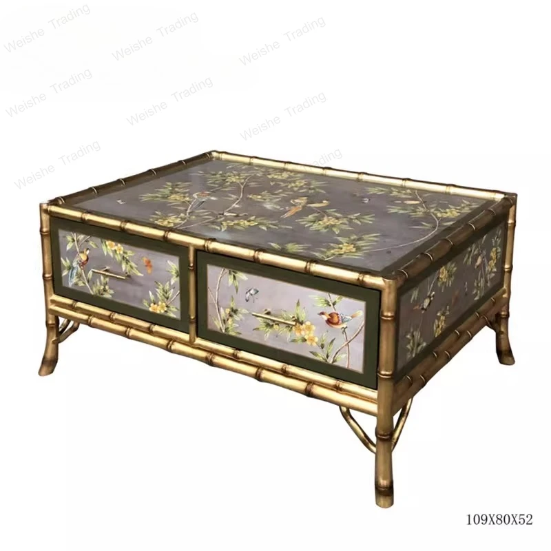 

European luxury silver foil painted flowers and birds square coffee table new Chinese green bamboo coffee table villa solid wood
