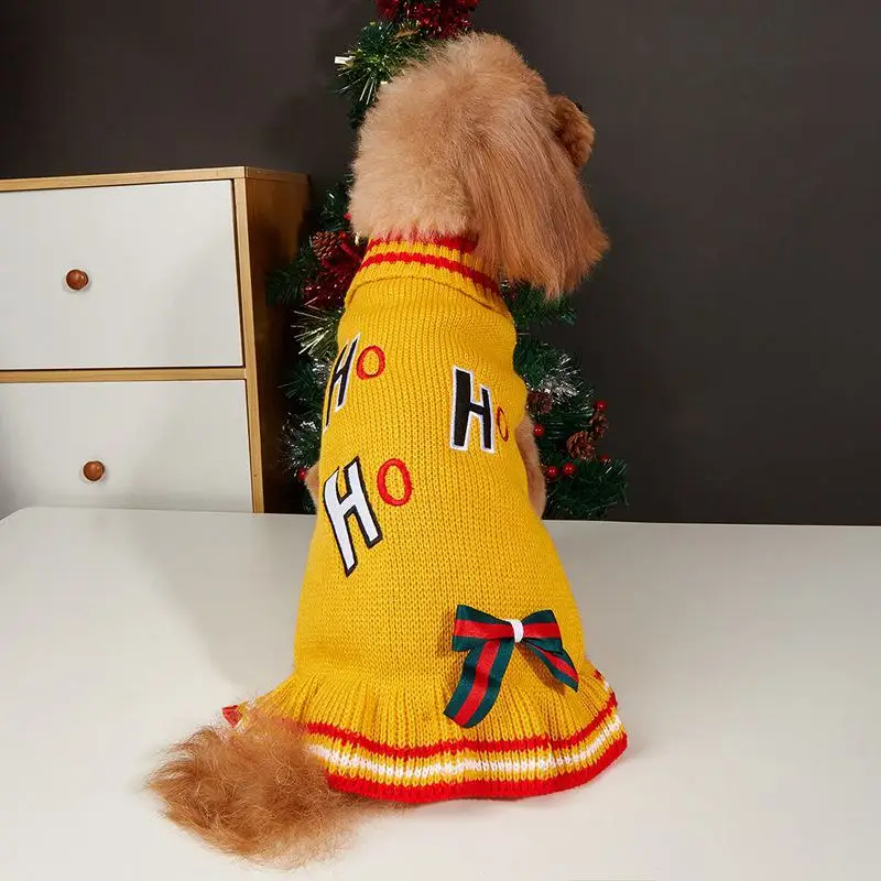 M69 Christmas pet sweater dress cat dog clothes autumn and winter HoHo high neck bow embroidery skirt