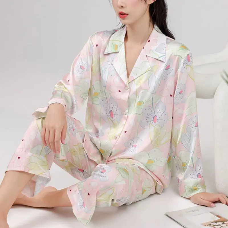 Two-Piece Women Pajamas Set Spring Silk Satin Sleepwear Lingerie Lapel Long Sleeve Shirt Trouser Suit Casual Pijamas Homewear