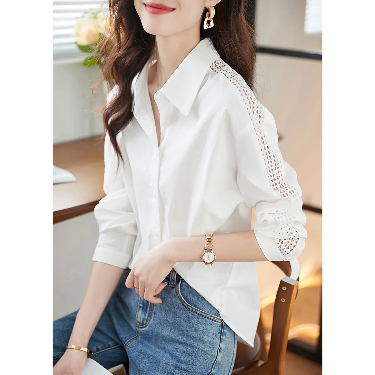 

Ele White Long Sve Hollow Design Women's irt Spring Autumn Seasonal Cotton Polyester Blend Comfortable Commute Sle