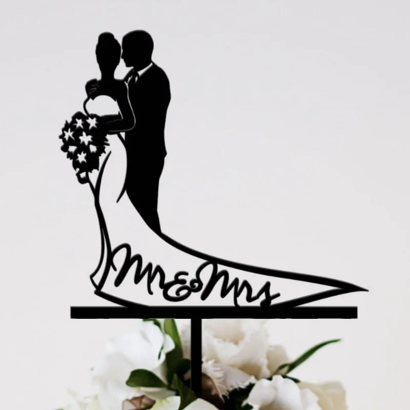 Ins Mr&Mrs Happy Wedding Cake Topper Black Acrylic Bride Groom Valentine\'s Day Party Cake Topper Wedding Gift Dessert Decoration