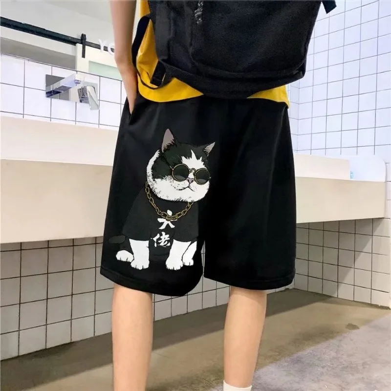 【 M-8XL 】2026 Cute Cat Print Men Shorts Elastic Waist Drawstring Loose Casual Summer Shorts
