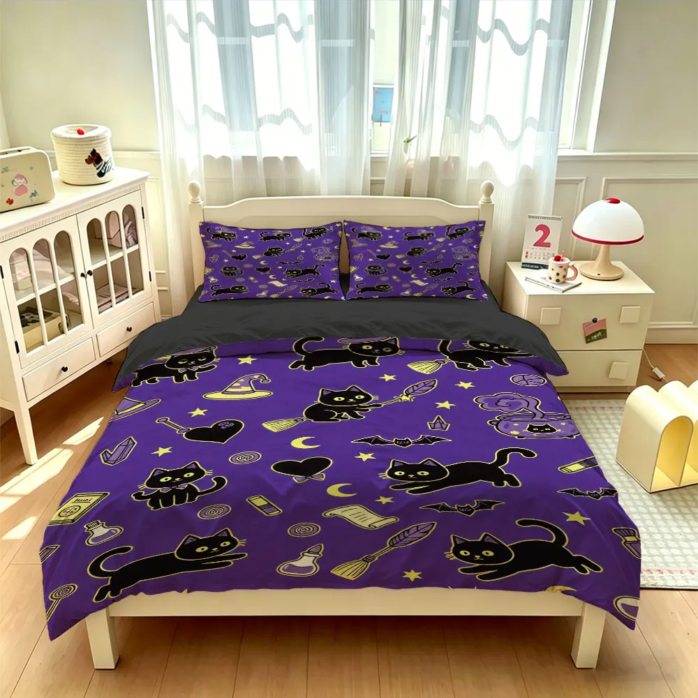 3pc Halloween Black Cat Wizard-Print Bedding Set, without a filling, Made of Soft Materials for Bedding Use - view 6