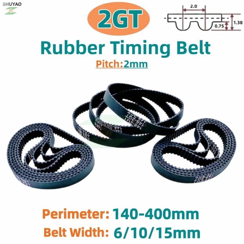 2MGT 2GT Belt Width 6/10/15mm Rubber Closed Loop Perimeter 140 142 144 150 160 180 200 202 220 300 400mm GT2 Timing Synchronous