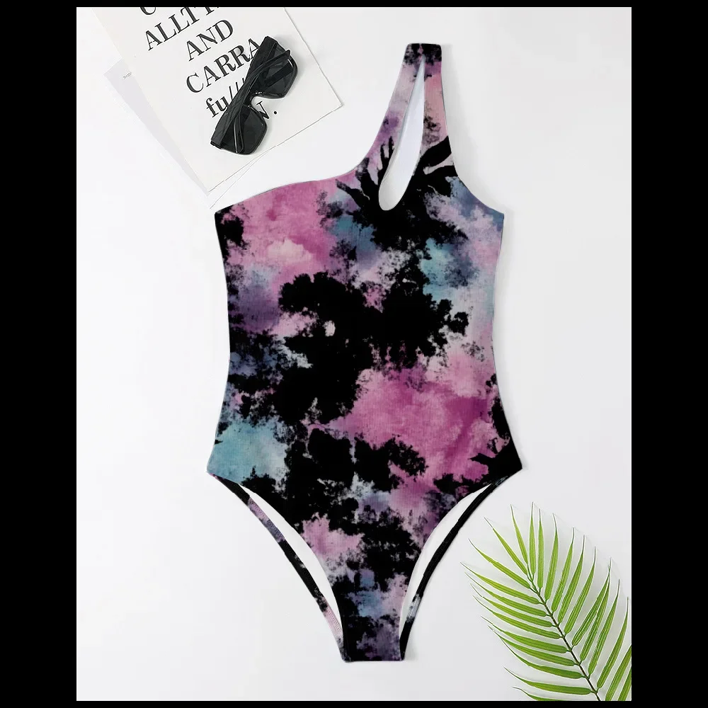 

Summer Abstract Print Strappy Bikini Set Sexy Tie-Dye One Piece Swimwear Women Sexy High Waist One Shoulder Slimming Swimsuit