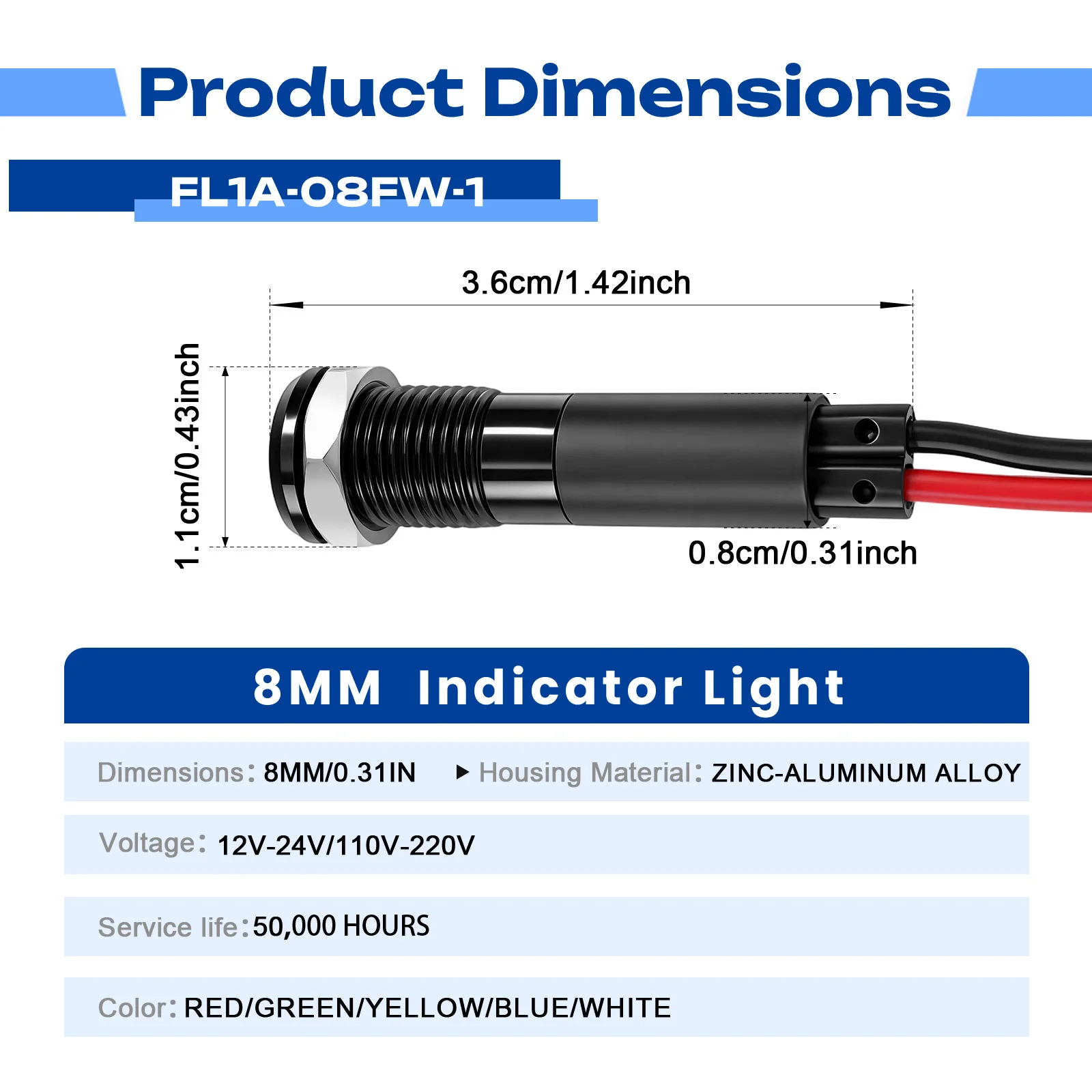 FILN 5PCS 8mm Metal LED Indicator Light IP67 Waterproof 12V 24V 110V 220V Dash Pilot Signal Lamp Pack for Car Boat Machine