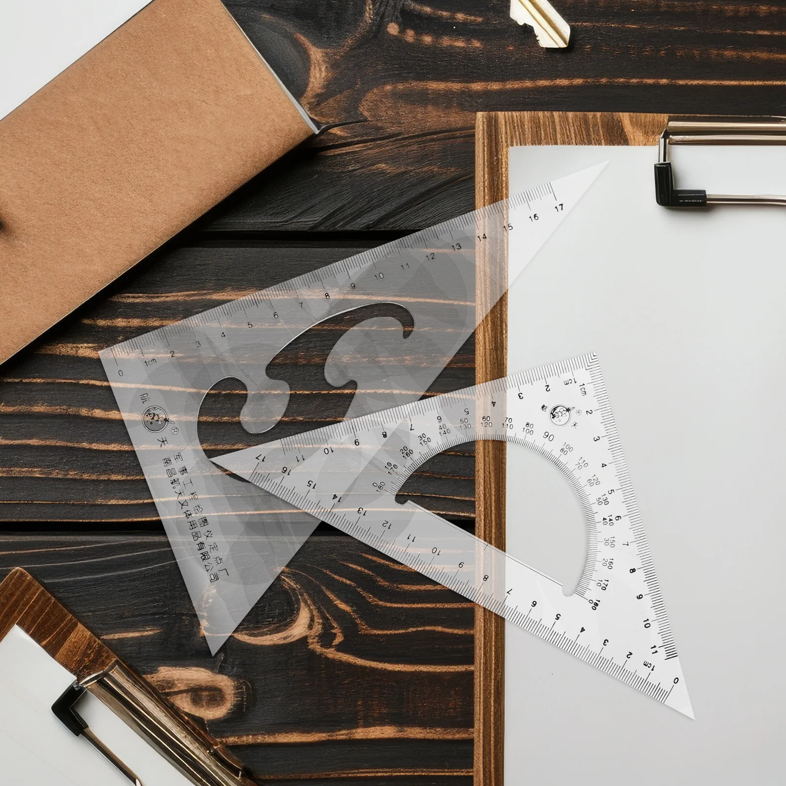 2Pcs Set Square Transparent Protractor and Ruler Kit for Architectural Drafting Supplies Angle Template Tool Multi Functional